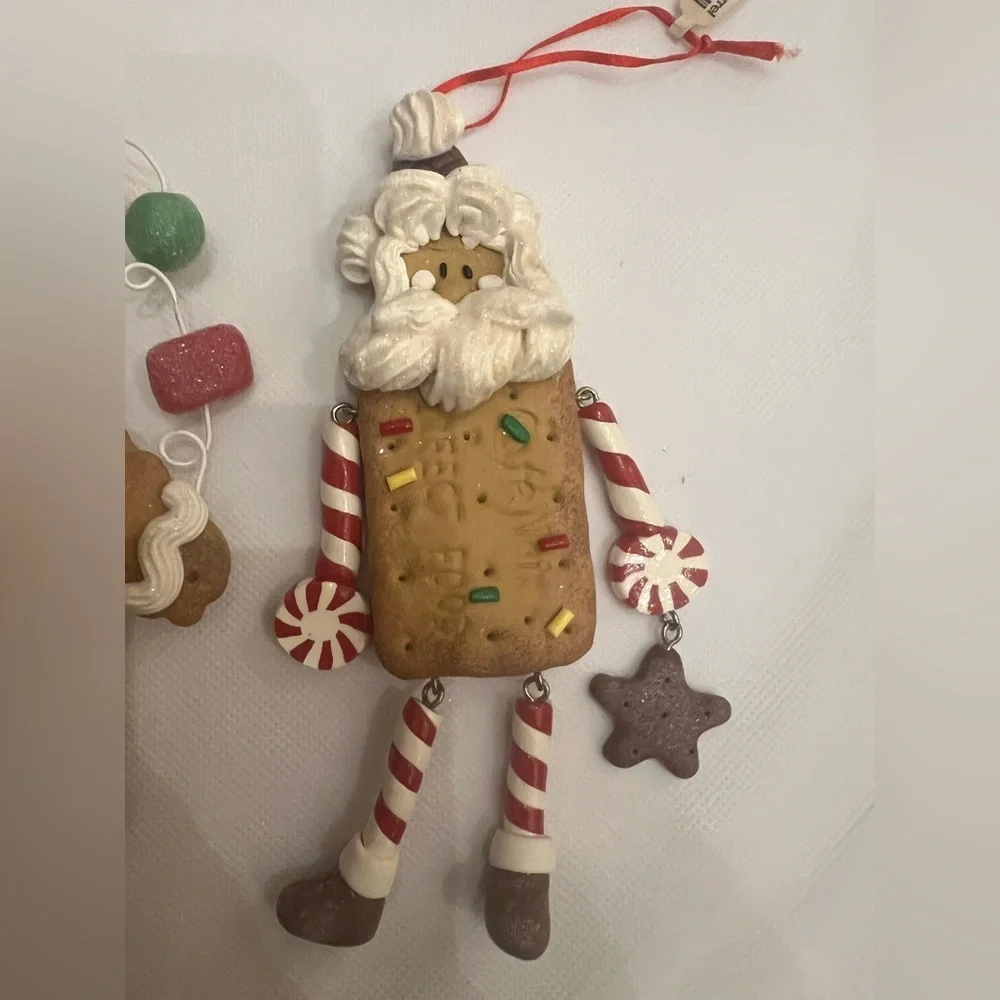 Set of 2 Santa gingerbread ornaments icing gumdrop crate & barrel peppermint
